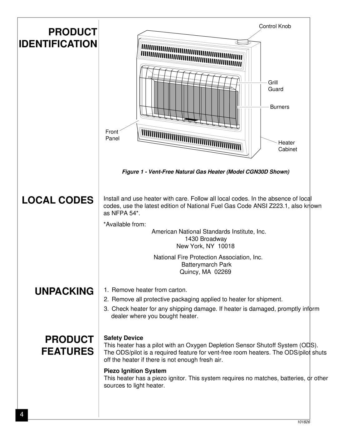 Desa CGN30D, CGN18RA installation manual Local Codes Unpacking Product Features, Safety Device, Piezo Ignition System 