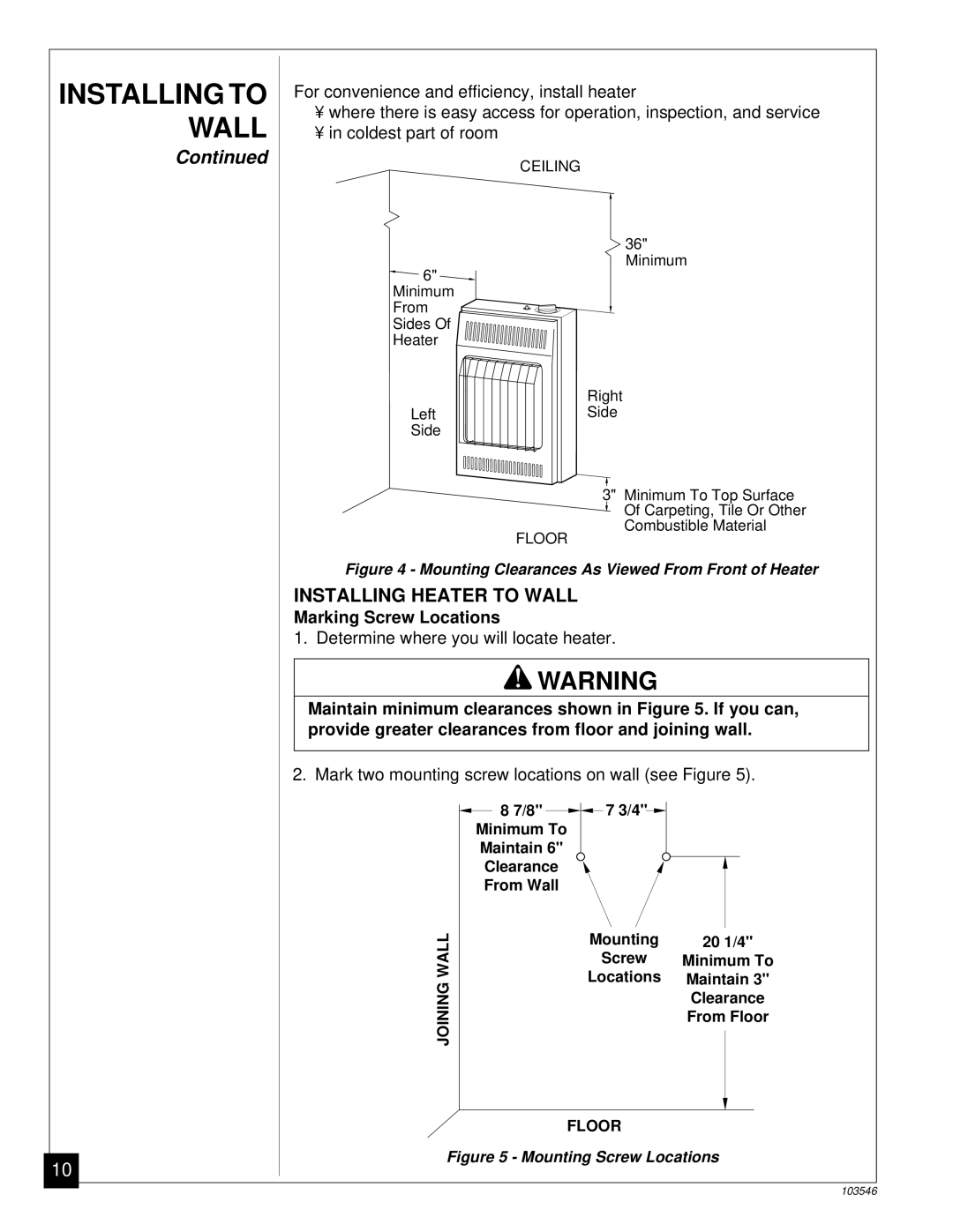 Desa CGN6L, CGN10L installation manual Installing Heater to Wall, Marking Screw Locations 