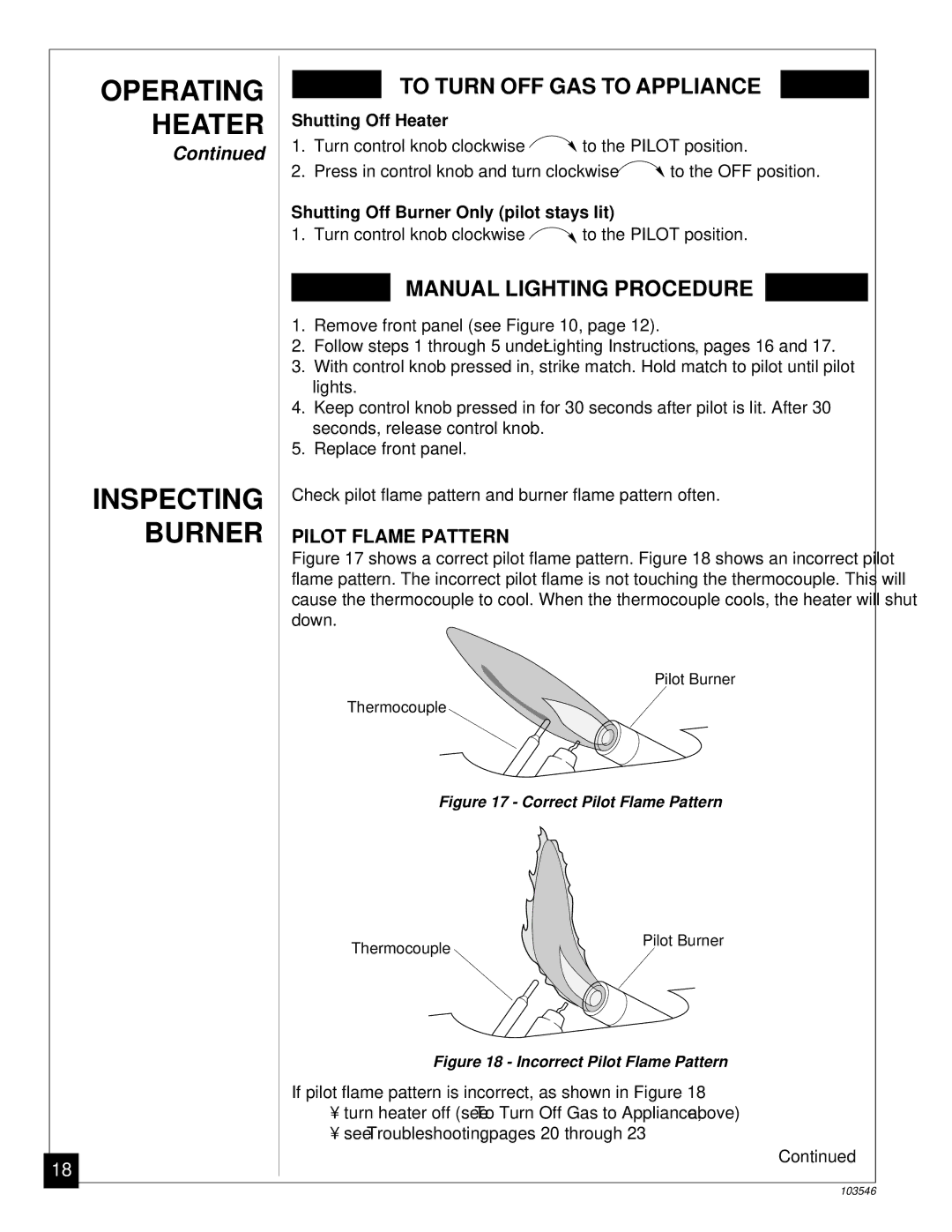 Desa CGN6L, CGN10L installation manual Operating Heater Inspecting Burner, Pilot Flame Pattern, Shutting Off Heater 