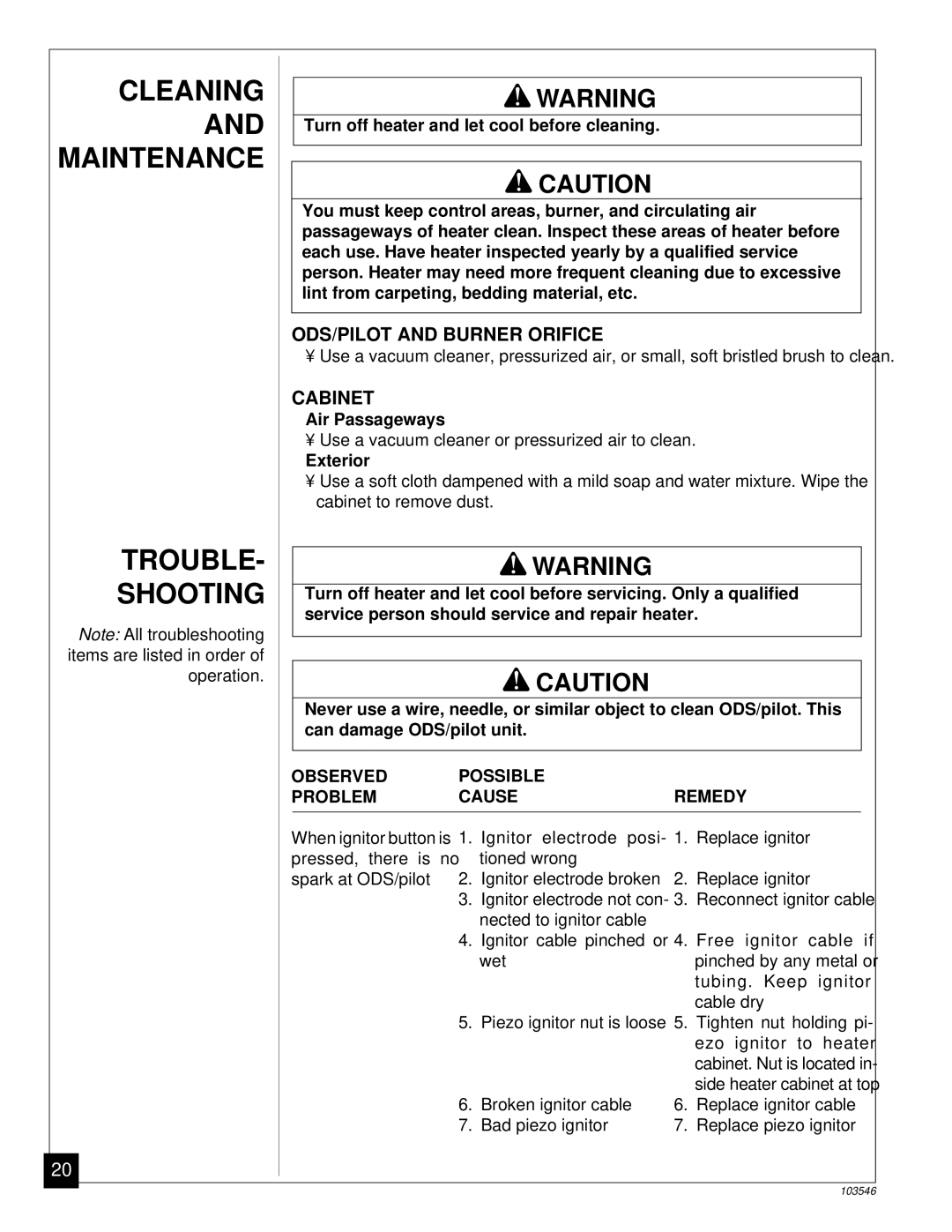 Desa CGN6L, CGN10L installation manual Cleaning, Maintenance, Trouble Shooting, ODS/PILOT and Burner Orifice, Cabinet 