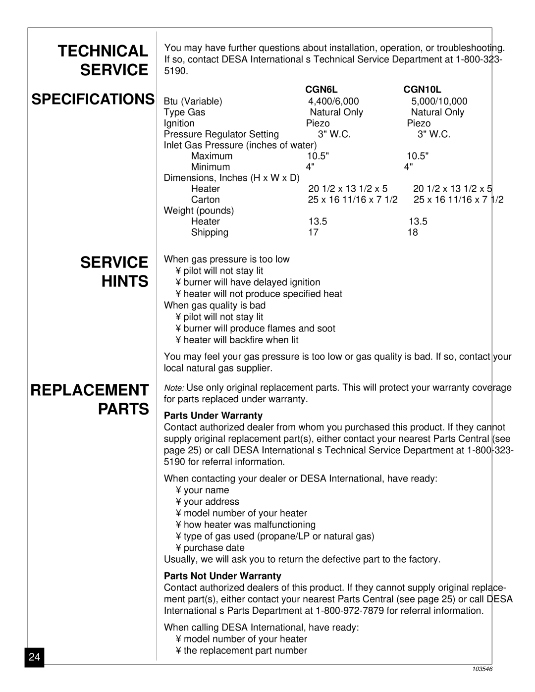 Desa CGN6L, CGN10L installation manual Technical, Service, Hints, Parts 