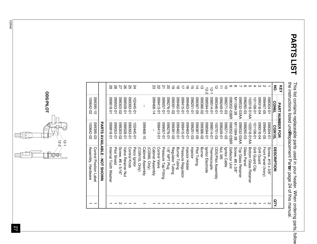 Desa installation manual Parts List, KEY Part Number for Description QTY CGN6L CGN10L 