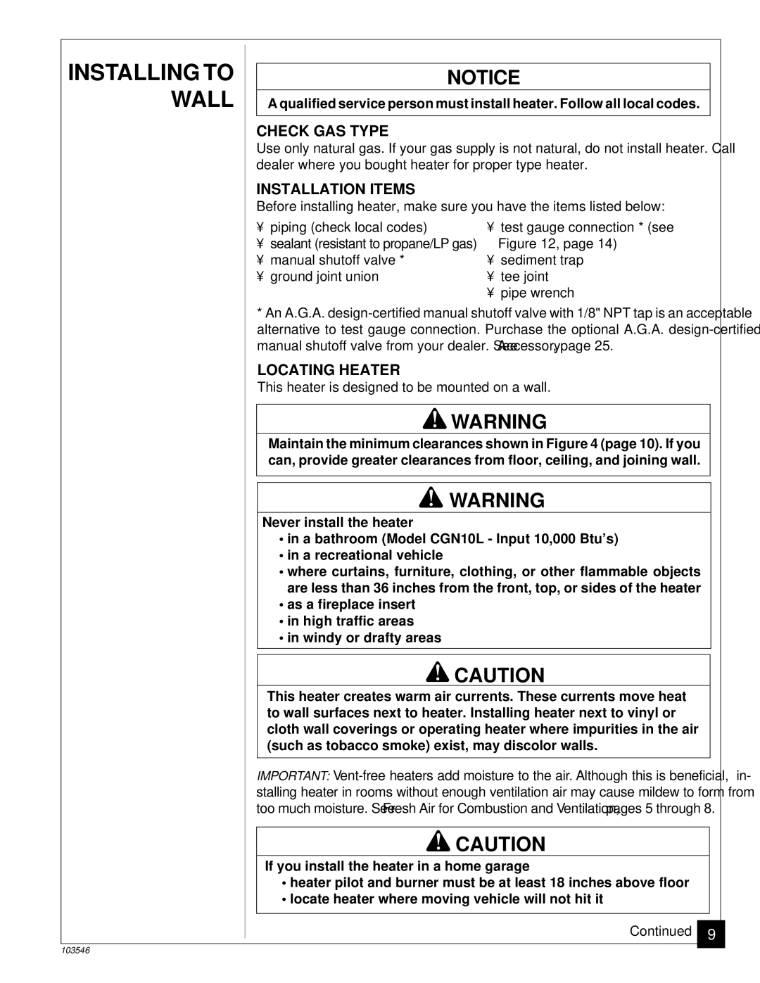 Desa CGN10L, CGN6L installation manual Installing to Wall, Check GAS Type, Installation Items, Locating Heater 