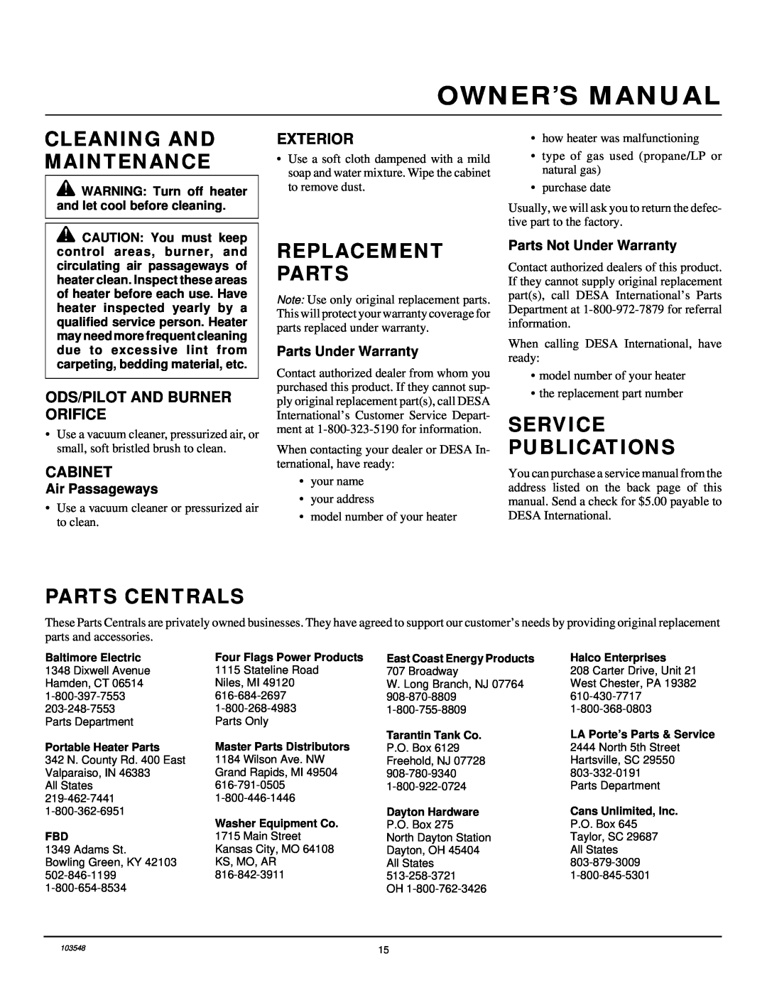 Desa CGP10RL Cleaning And Maintenance, Replacement Parts, Service Publications, Parts Centrals, Air Passageways 