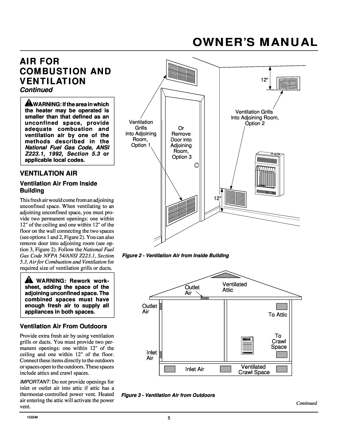 Desa CGP10RL installation manual Air For Combustion And Ventilation, Continued, Ventilation Air From Inside Building 