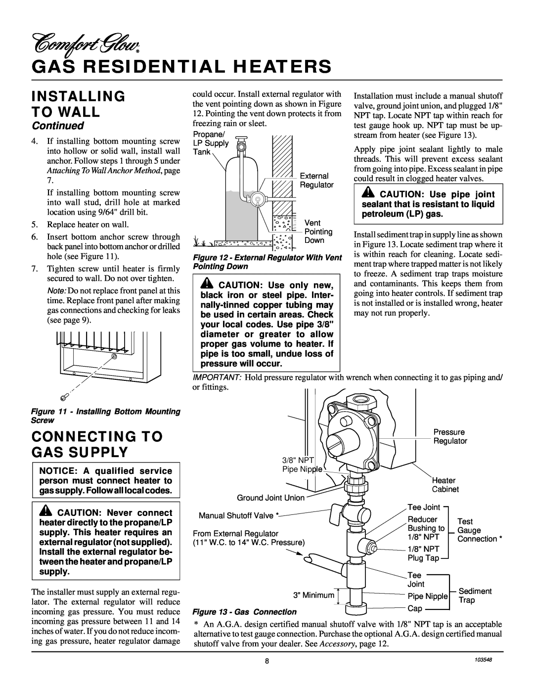 Desa CGP10RL installation manual Connecting To Gas Supply, Gas Residential Heaters, Installing To Wall, Continued 