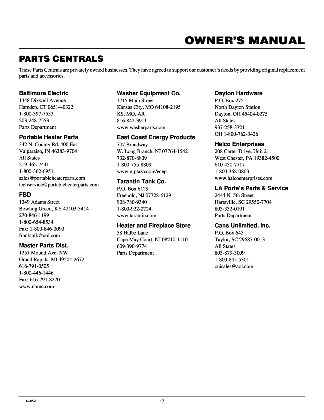 Desa CGP10RLA installation manual Parts Centrals 