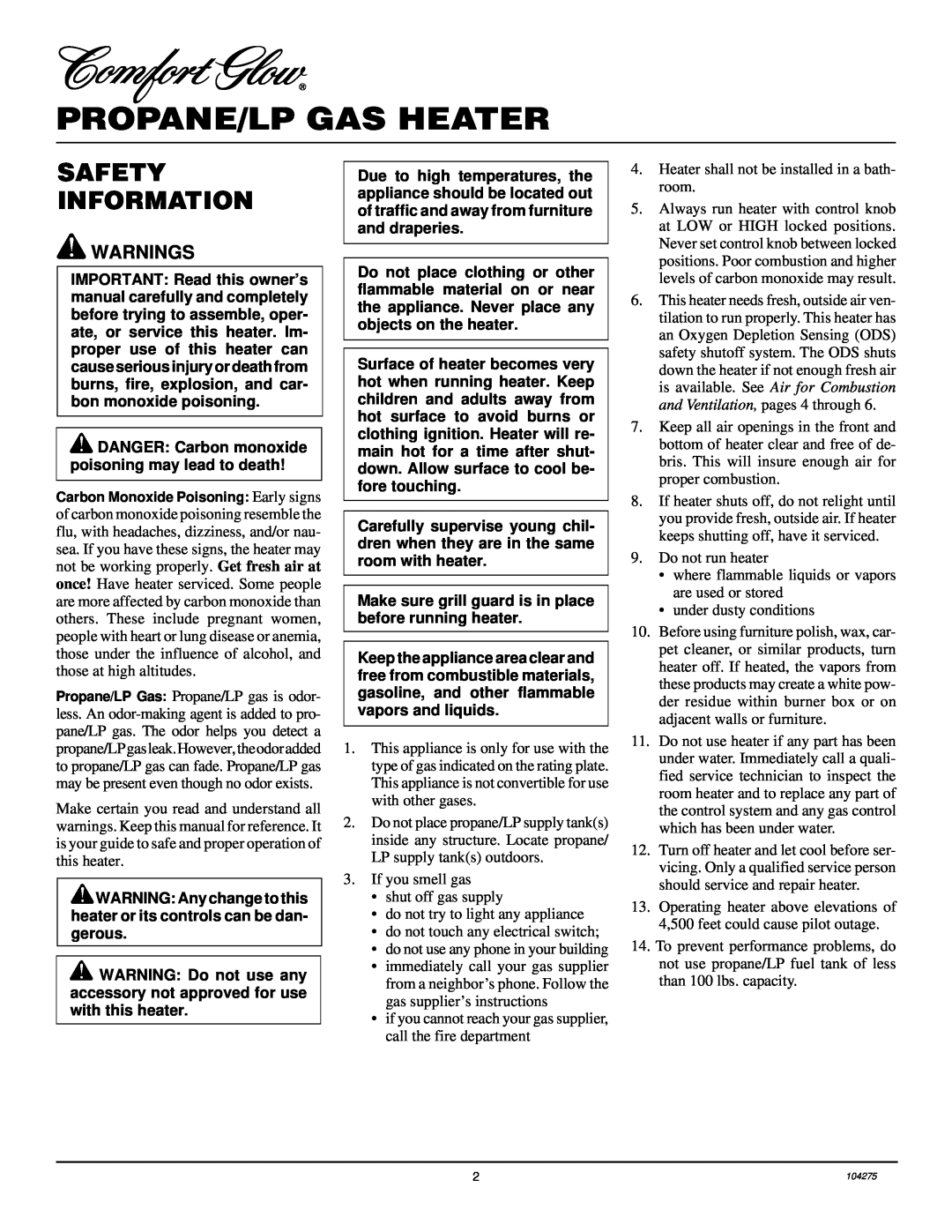 Desa CGP10RLA installation manual Propane/Lp Gas Heater, Safety Information 