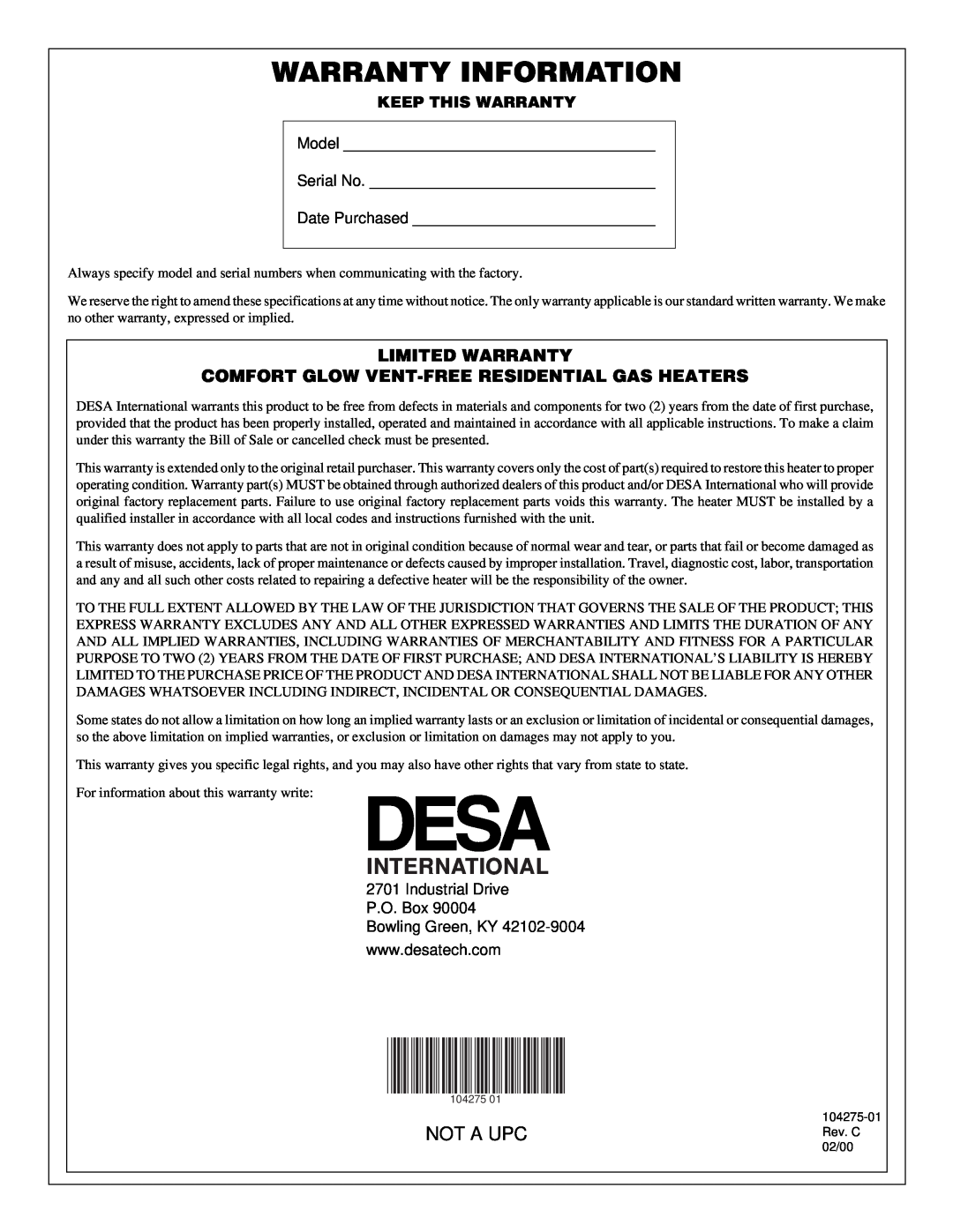 Desa CGP10RLA installation manual Warranty Information, International, Not A Upc, Model, Serial No, Date Purchased 