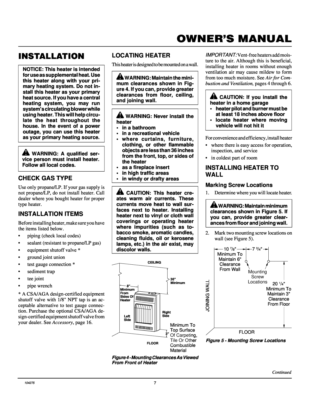 Desa CGP10RLA installation manual Check Gas Type, Installation Items, Locating Heater, Installing Heater To Wall 