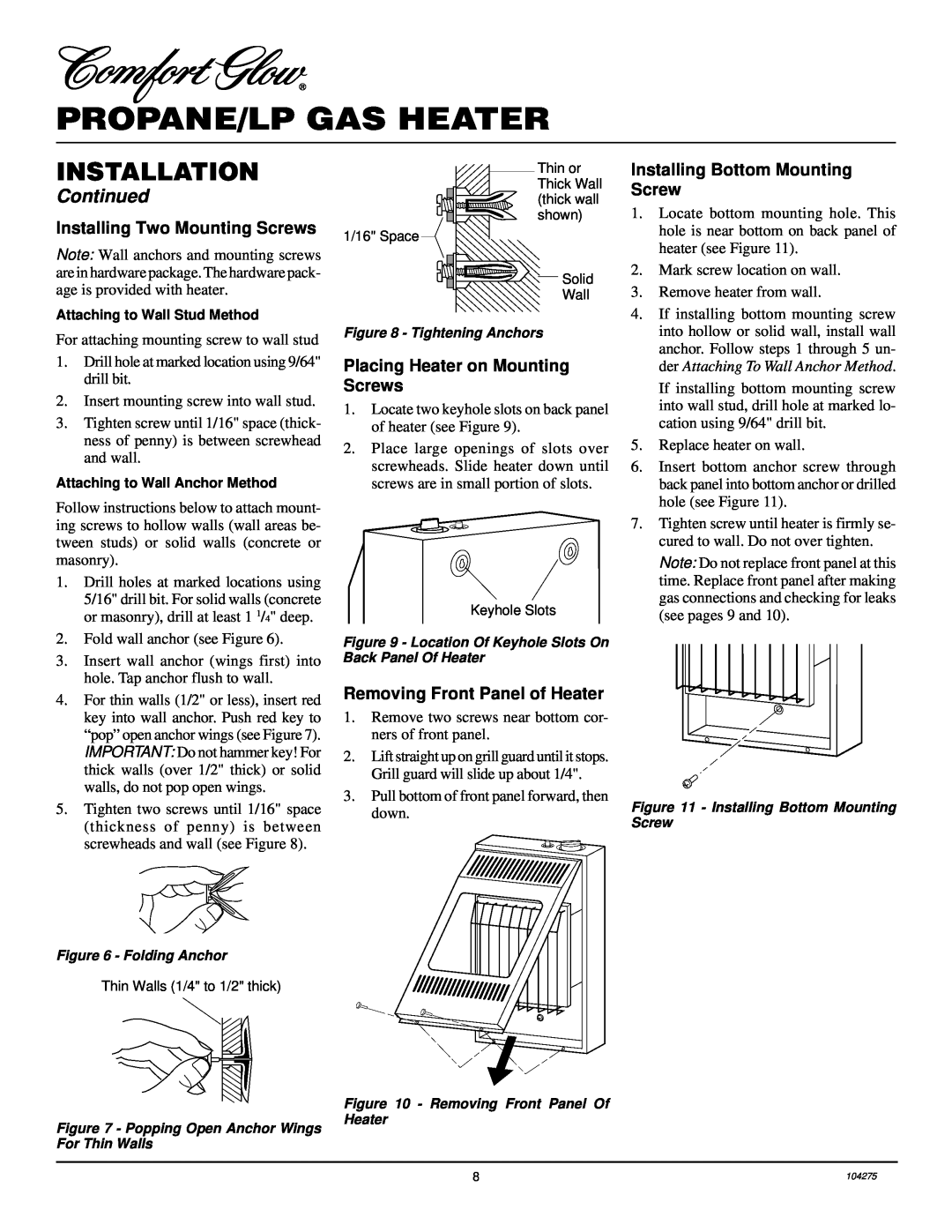 Desa CGP10RLA installation manual Propane/Lp Gas Heater, Installation, Continued, Installing Two Mounting Screws 
