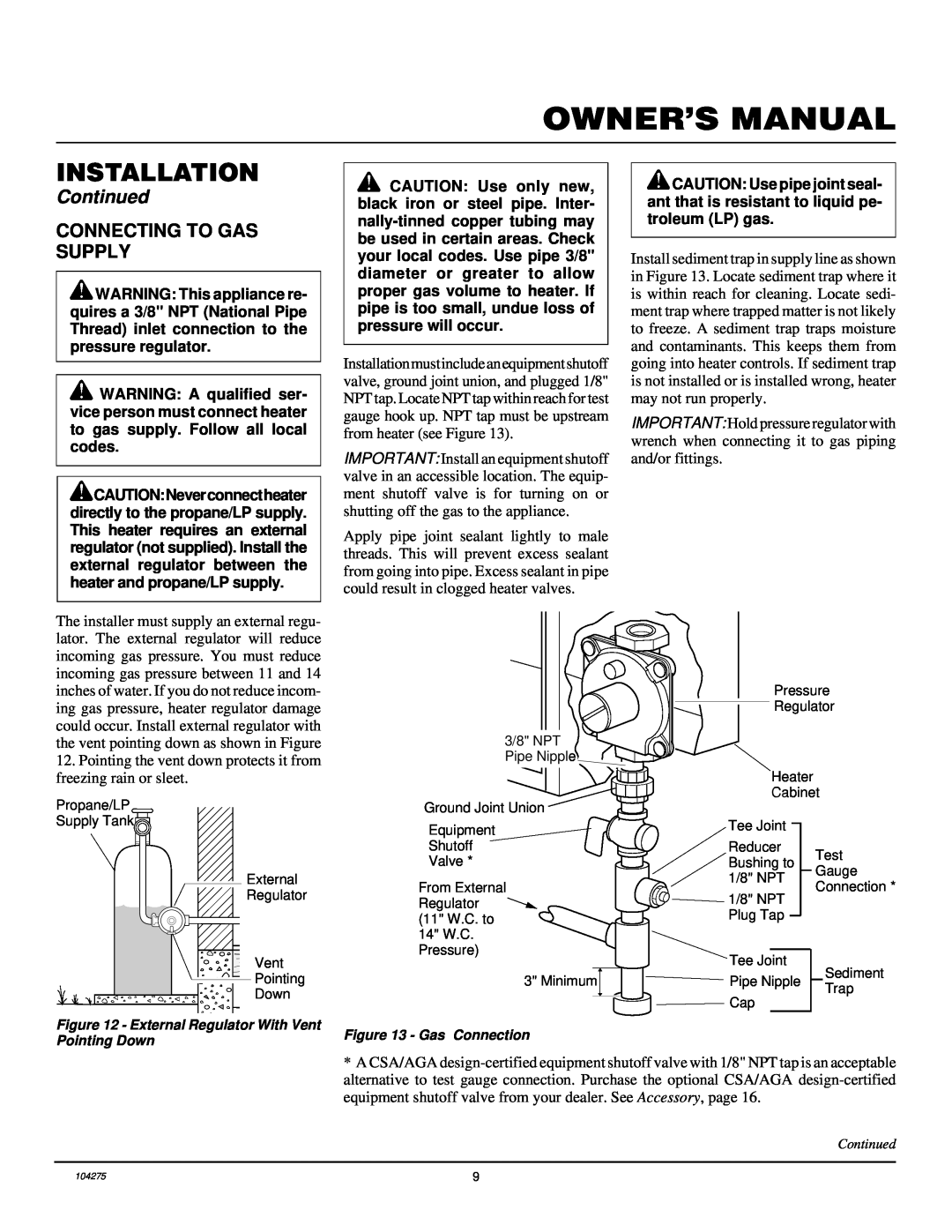 Desa CGP10RLA installation manual Installation, Continued, Connecting To Gas Supply, Gas Connection 