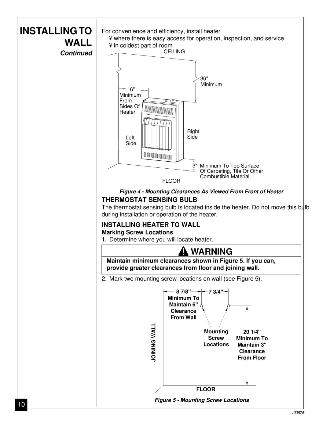 Desa CGP10TL installation manual Thermostat Sensing Bulb, Installing Heater to Wall, Marking Screw Locations 