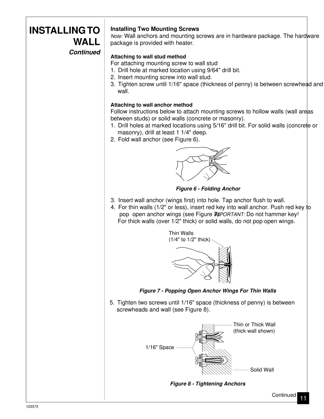 Desa CGP10TL installation manual Installing Two Mounting Screws, Folding Anchor 