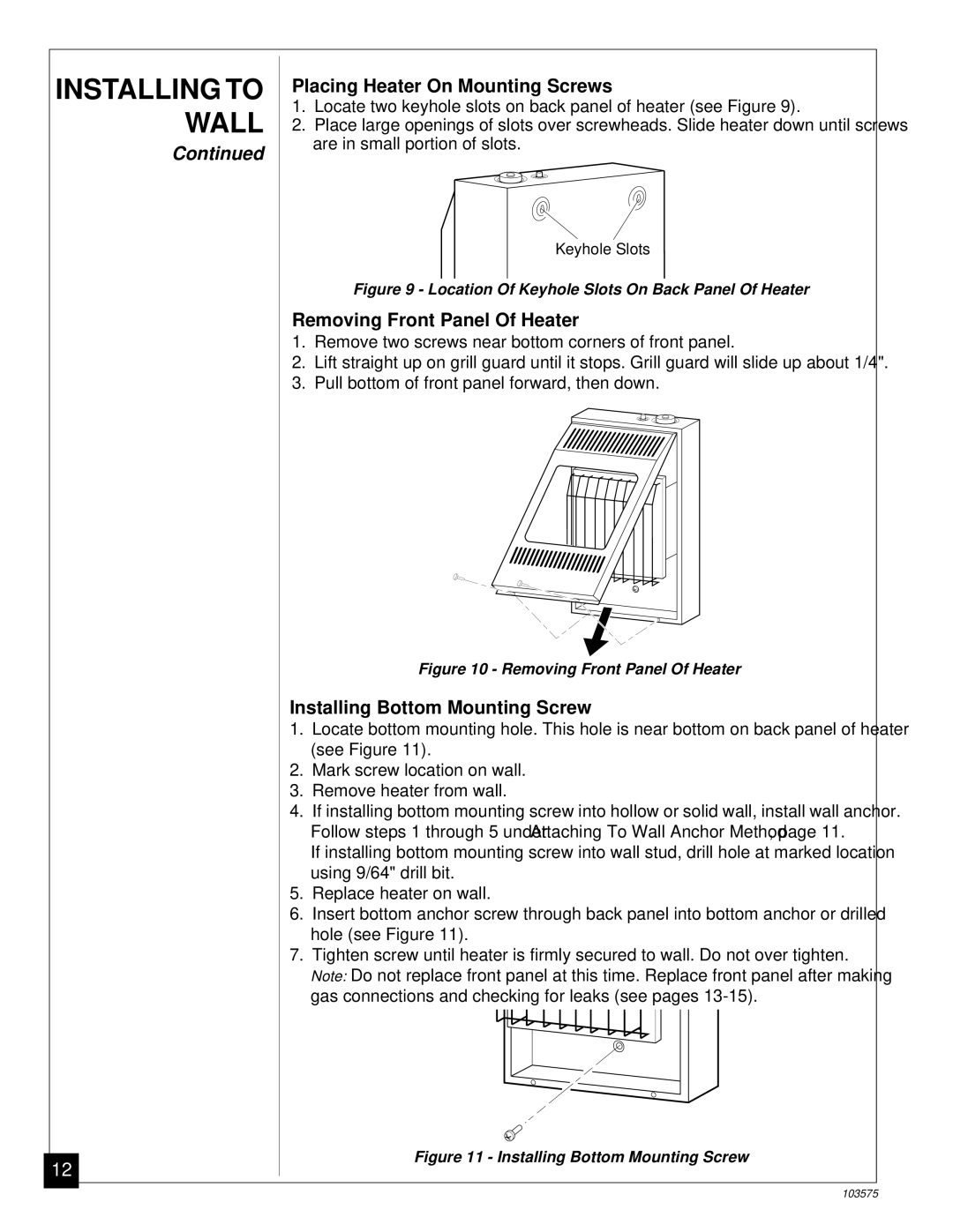 Desa CGP10TL installation manual Placing Heater On Mounting Screws 