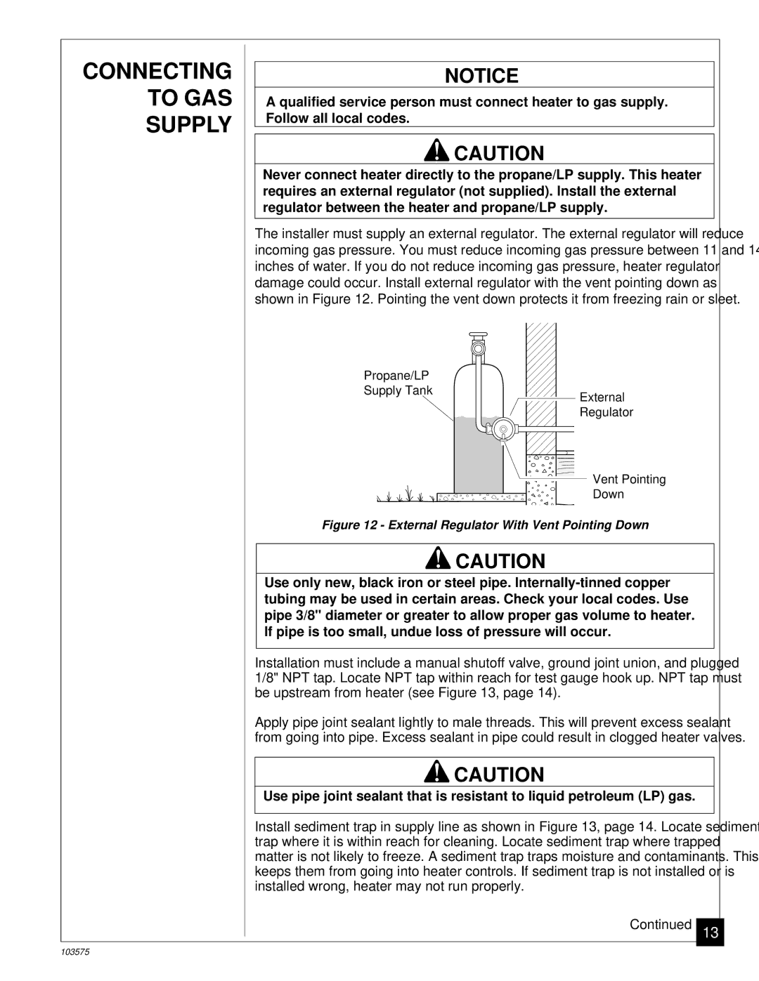 Desa CGP10TL installation manual Connecting to GAS Supply, External Regulator With Vent Pointing Down 