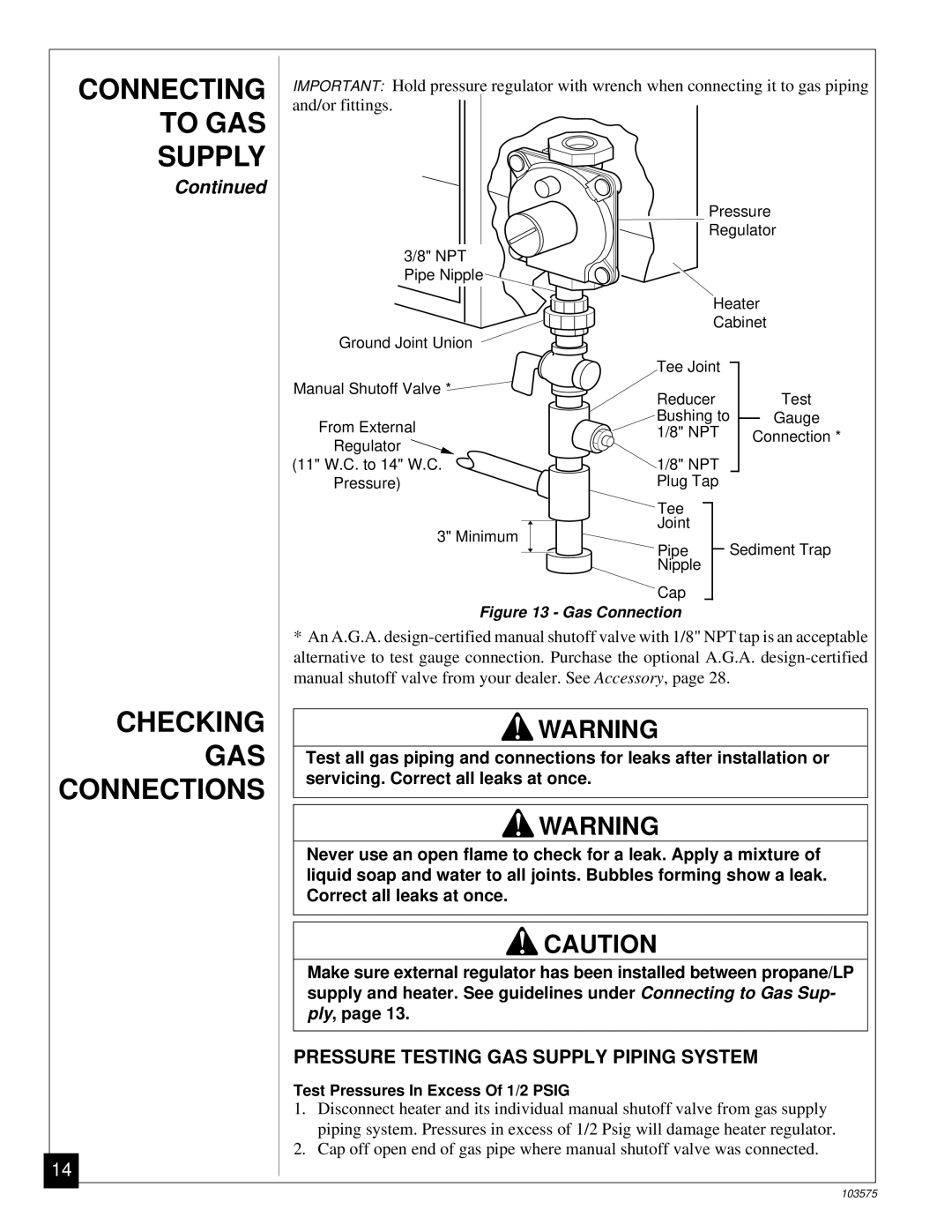 Desa CGP10TL installation manual Checking GAS Connections, Pressure Testing GAS Supply Piping System 