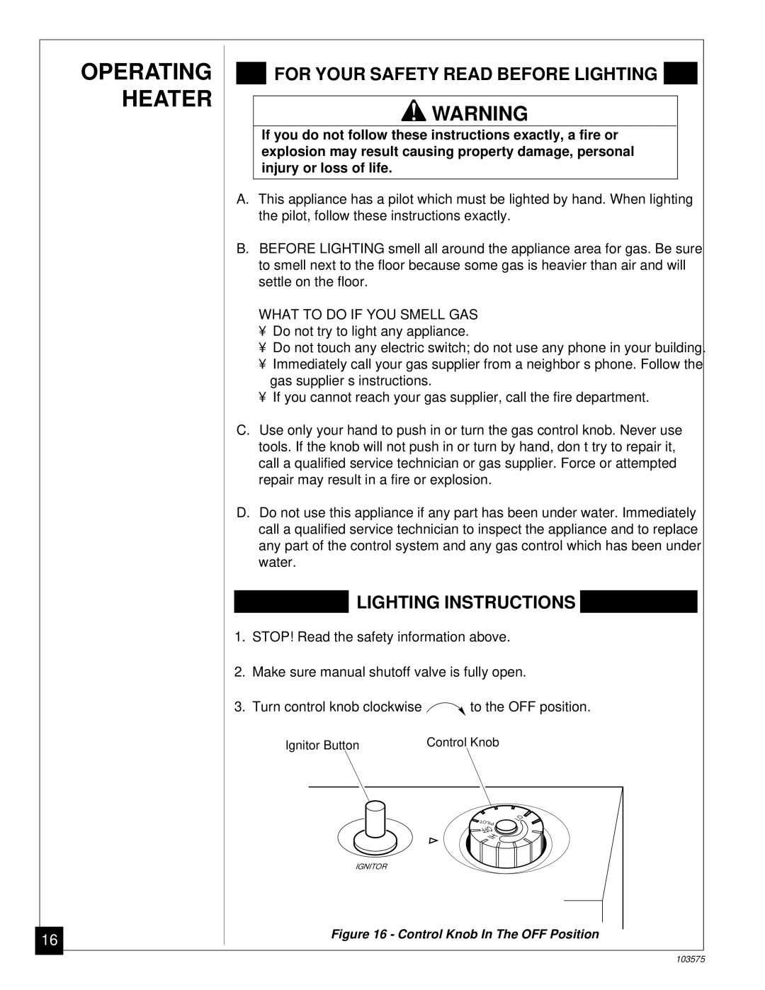 Desa CGP10TL installation manual Operating Heater, For Your Safety Read Before Lighting 