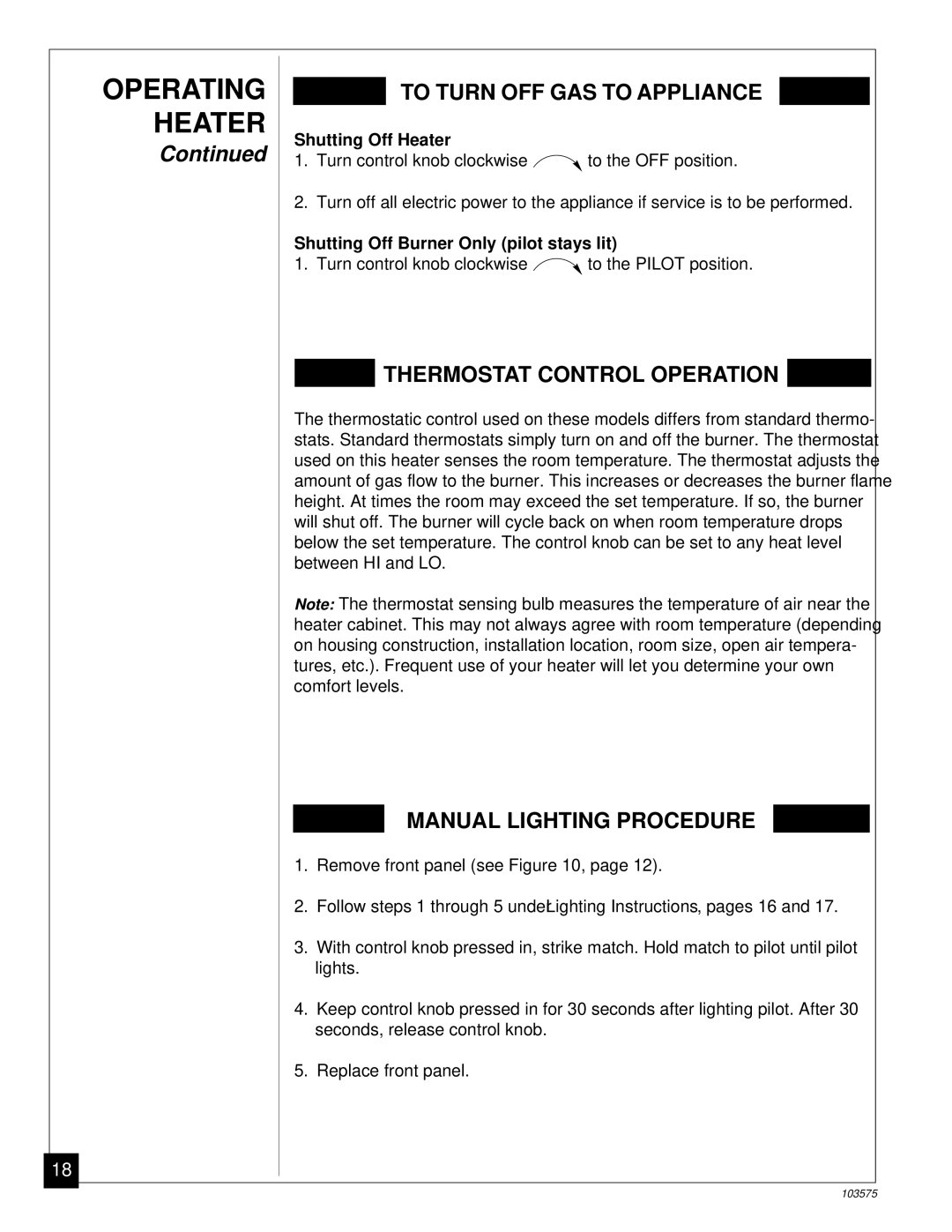 Desa CGP10TL installation manual Shutting Off Heater, Shutting Off Burner Only pilot stays lit 