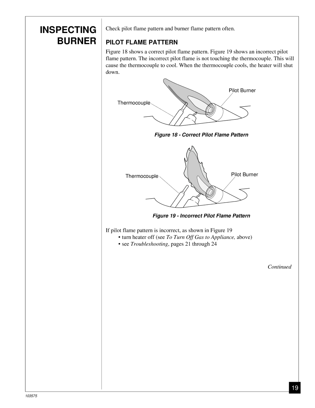 Desa CGP10TL installation manual Inspecting Burner, Pilot Flame Pattern 