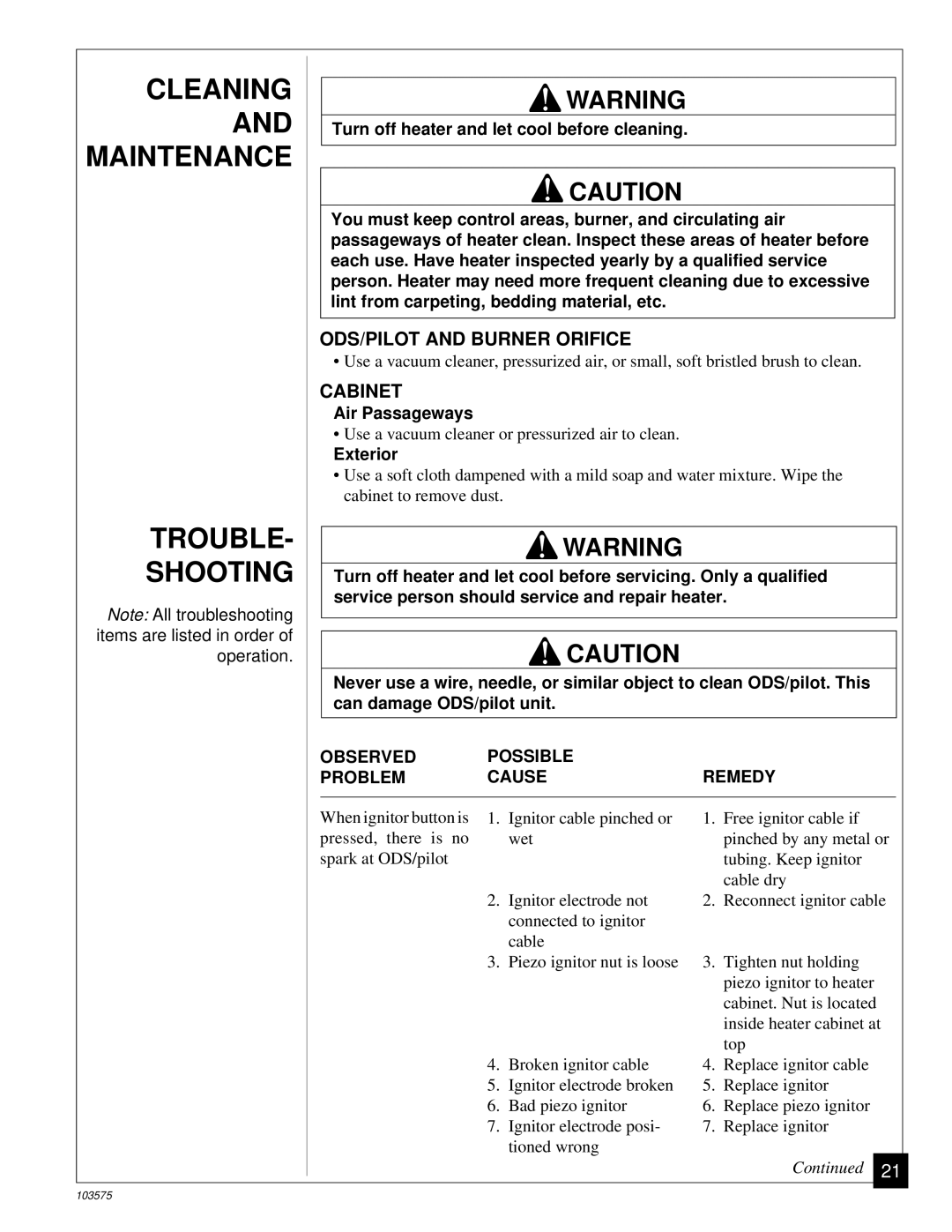 Desa CGP10TL Cleaning and Maintenance Trouble Shooting, ODS/PILOT and Burner Orifice, Cabinet, Air Passageways, Exterior 