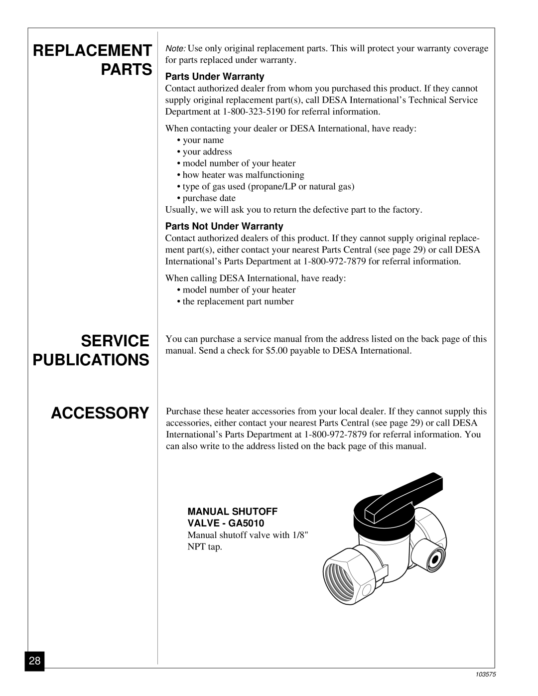 Desa CGP10T Replacement Parts Service Publications Accessory, Parts Under Warranty, Parts Not Under Warranty, Valve GA5010 