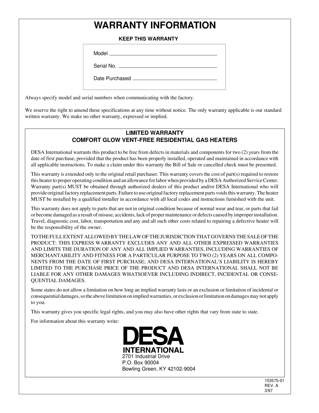 Desa CGP10TL installation manual Warranty Information, Keep this Warranty 