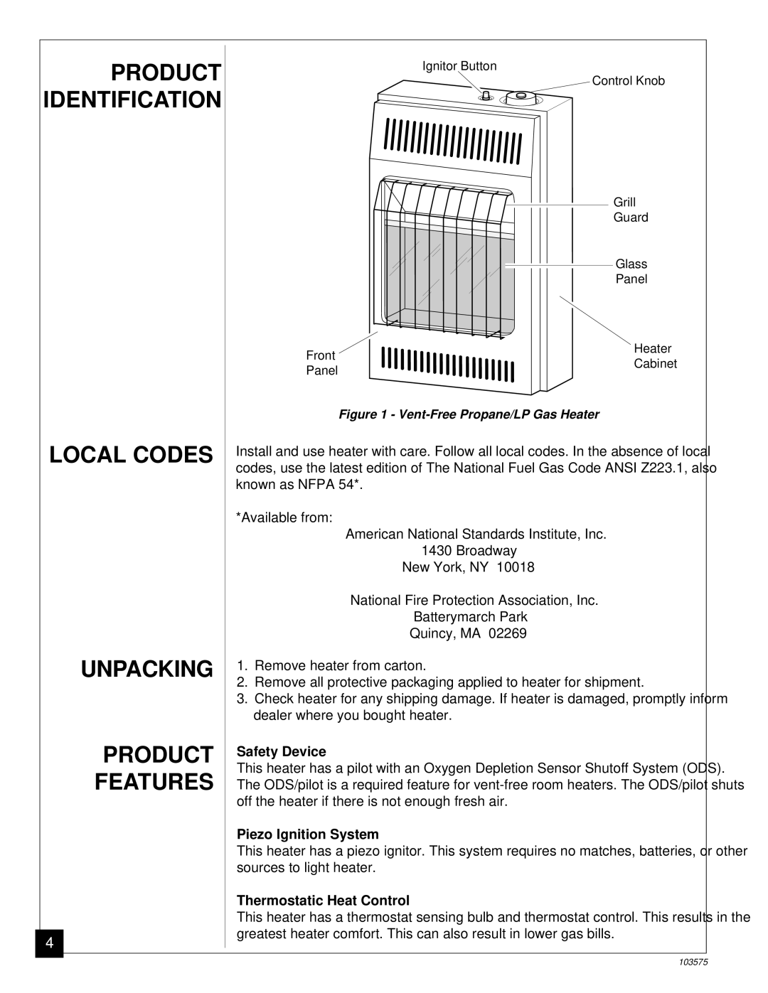 Desa CGP10TL Product Identification, Local Codes Unpacking Product Features, Safety Device, Piezo Ignition System 