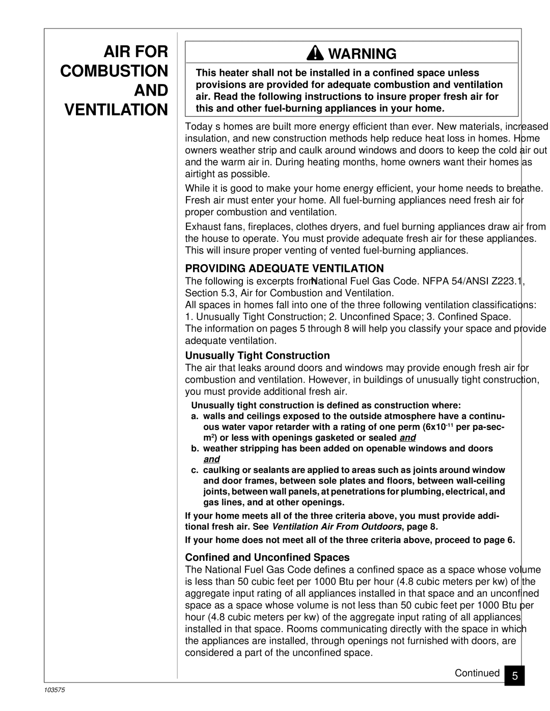 Desa CGP10TL AIR for Combustion and Ventilation, Providing Adequate Ventilation, Unusually Tight Construction 