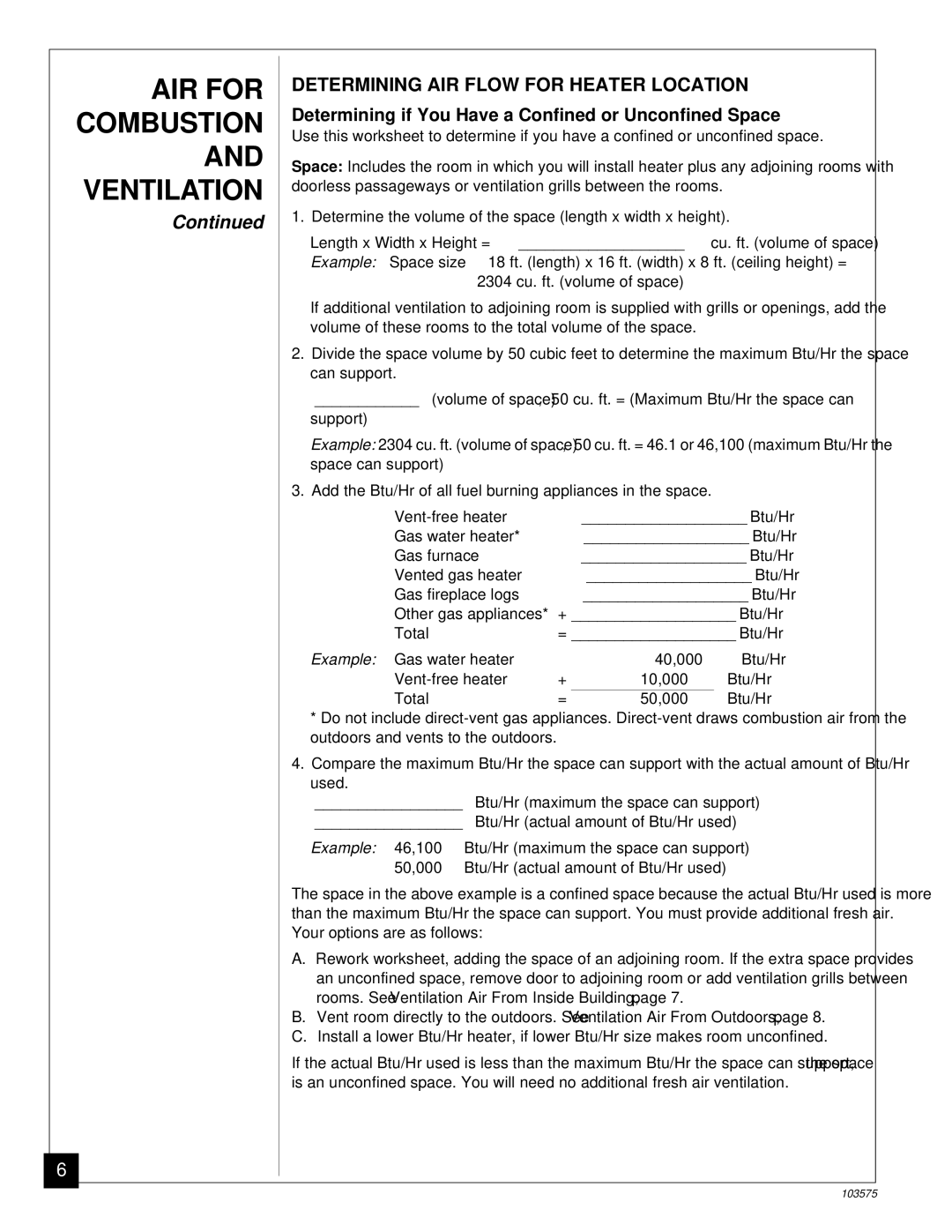 Desa CGP10TL Determining AIR Flow for Heater Location, Determining if You Have a Confined or Unconfined Space 