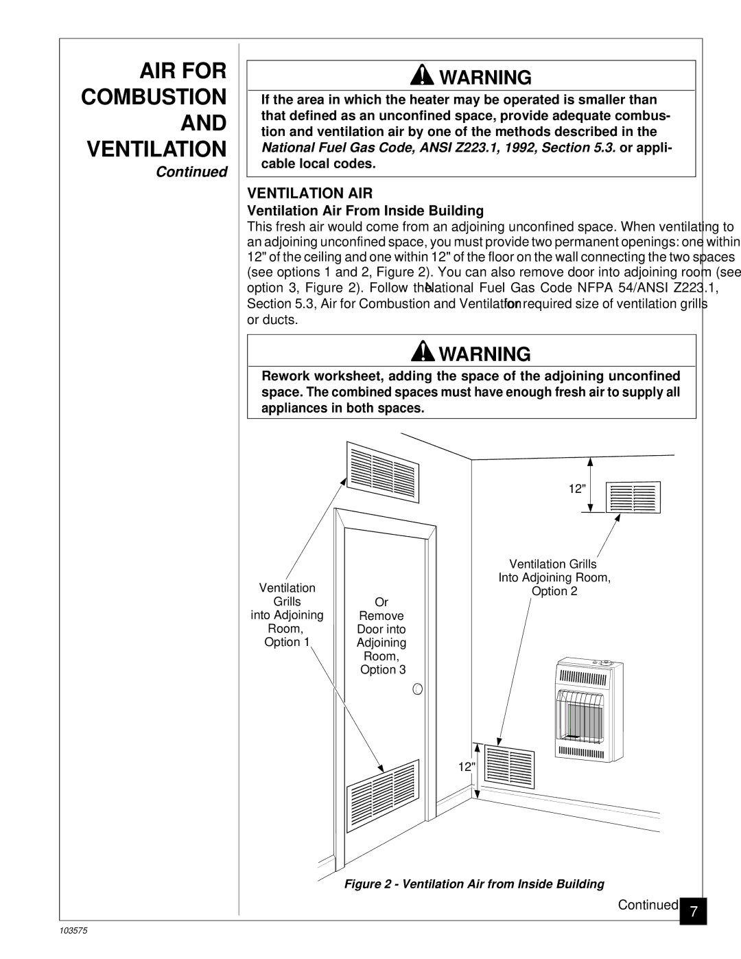 Desa CGP10TL installation manual Ventilation AIR, Ventilation Air From Inside Building 