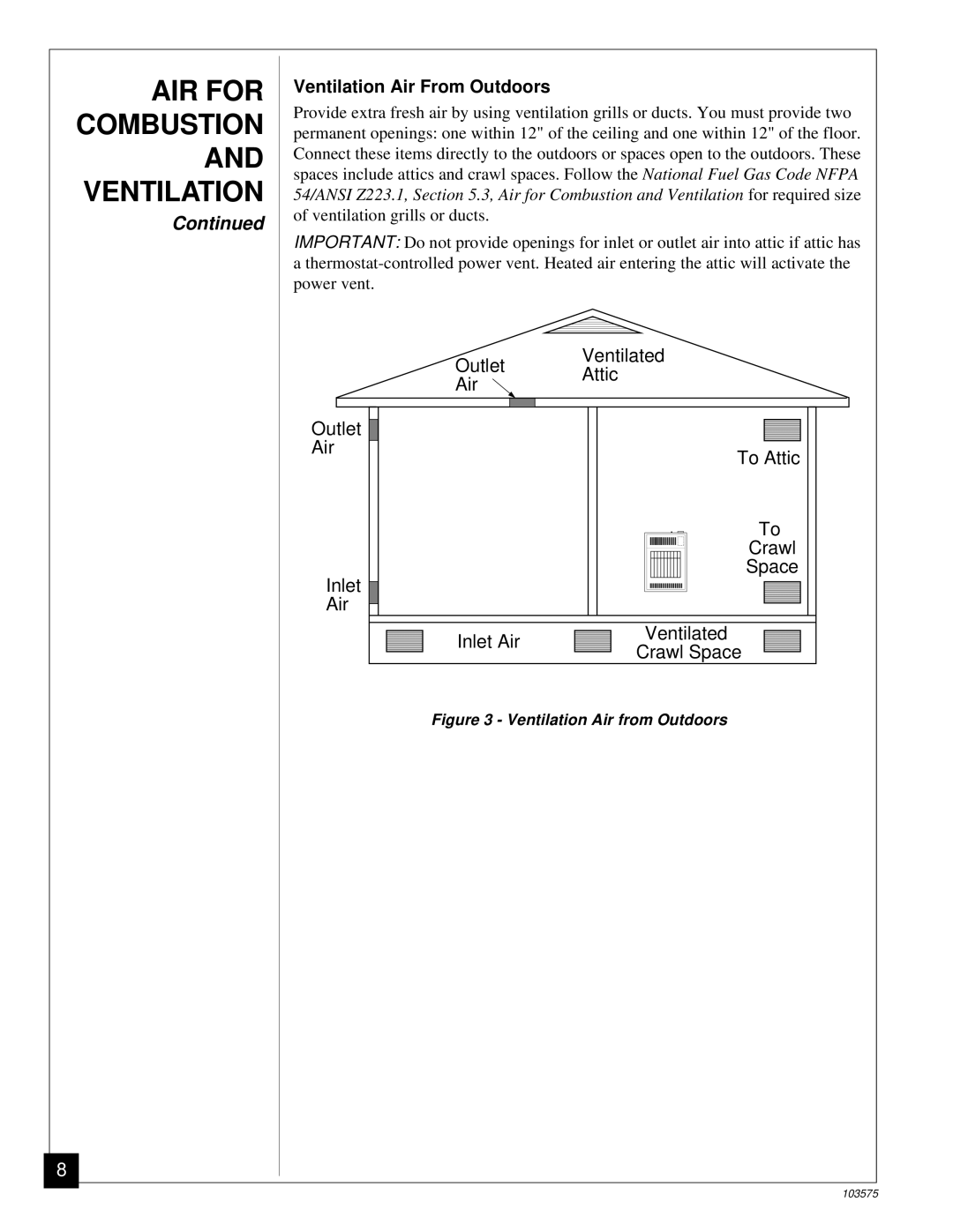 Desa CGP10TL installation manual Ventilation Air From Outdoors, Ventilation Air from Outdoors 