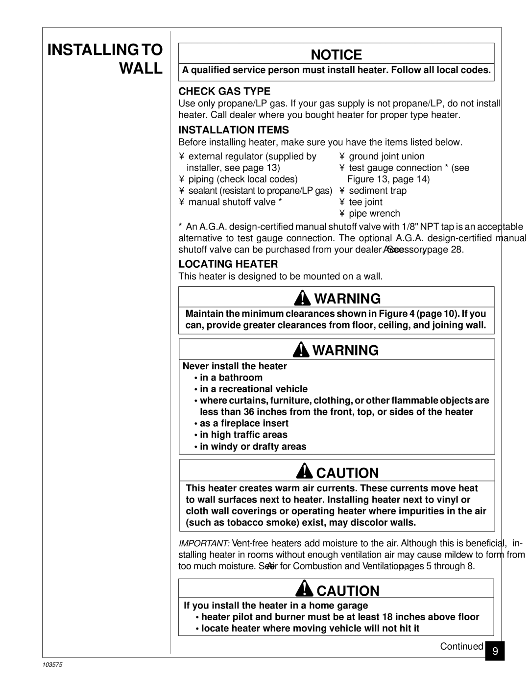 Desa CGP10TL installation manual Check GAS Type, Installation Items, Locating Heater 