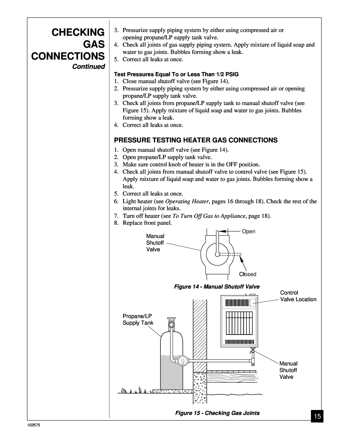 Desa CGP10TL installation manual Checking Gas Connections, Continued, Pressure Testing Heater Gas Connections 