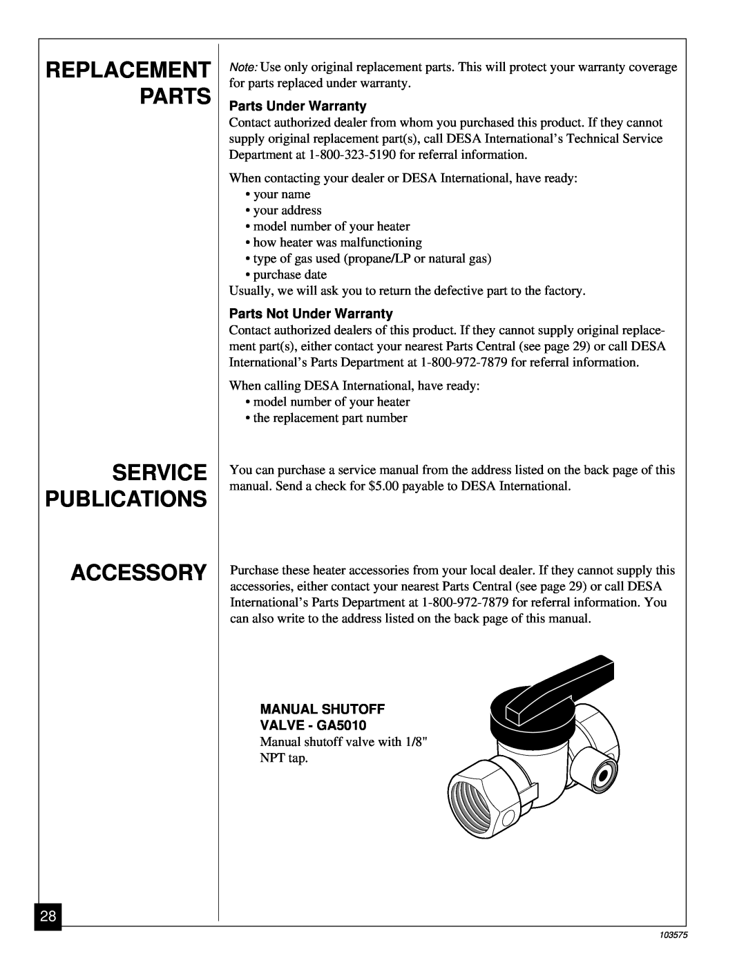 Desa CGP10TL Replacement Parts Service Publications Accessory, Parts Under Warranty, Parts Not Under Warranty 