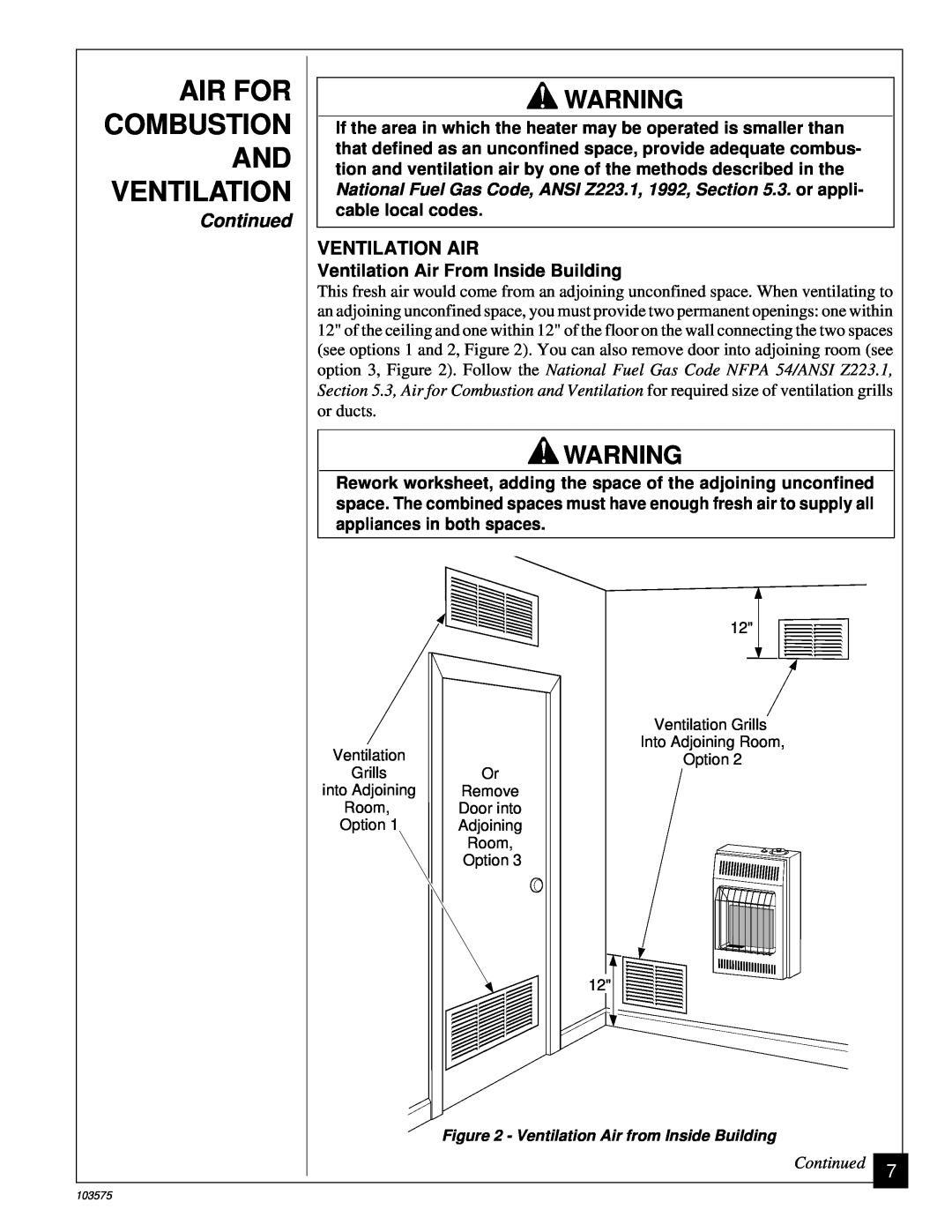 Desa CGP10TL installation manual Air For Combustion And Ventilation, Continued, Ventilation Air From Inside Building 