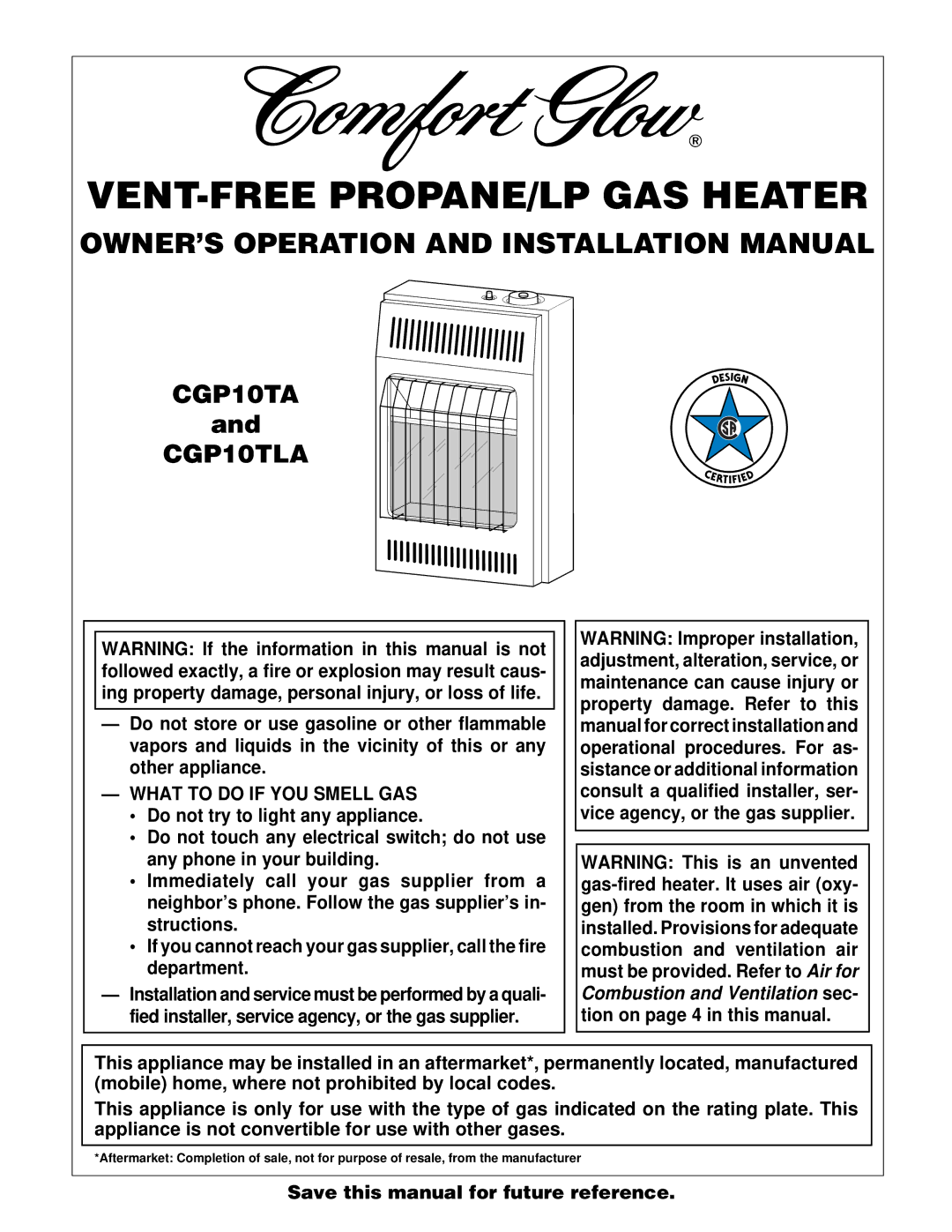 Desa installation manual CGP10TA CGP10TLA, What to do if YOU Smell GAS 