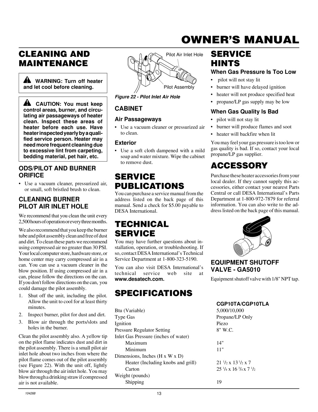 Desa CGP10TA, CGP10TLA Cleaning and Maintenance, Service Publications Hints, Accessory, Technical Service, Specifications 