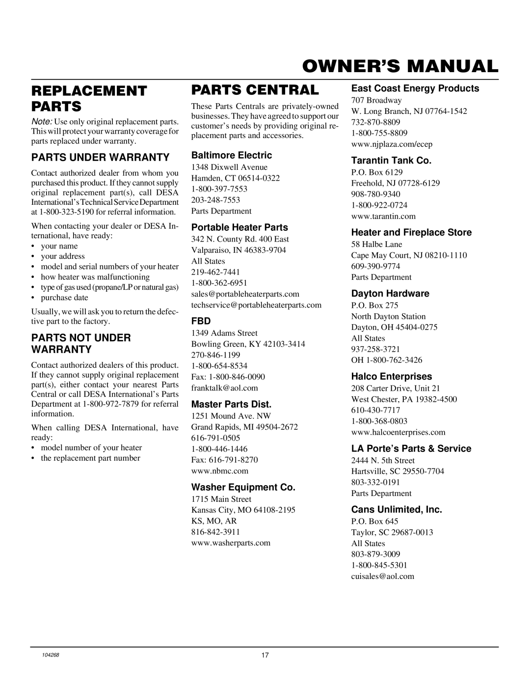 Desa CGP10TA, CGP10TLA installation manual Replacement Parts Central, Parts Under Warranty, Parts not Under Warranty 