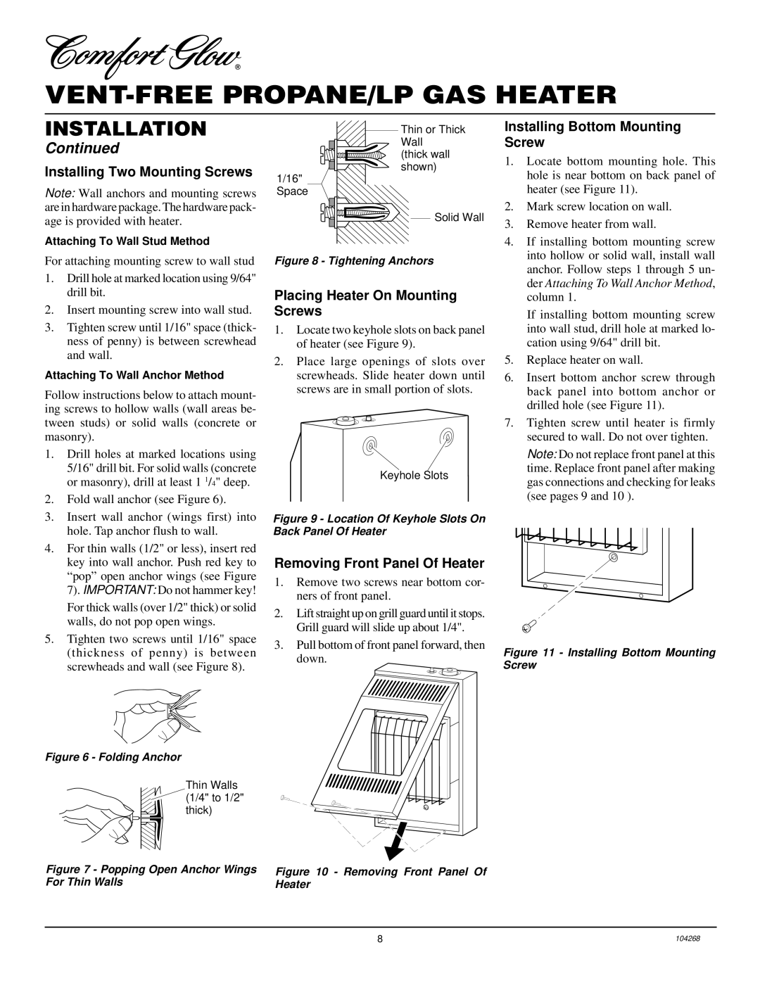 Desa CGP10TLA, CGP10TA Installing Two Mounting Screws, Placing Heater On Mounting Screws, Removing Front Panel Of Heater 