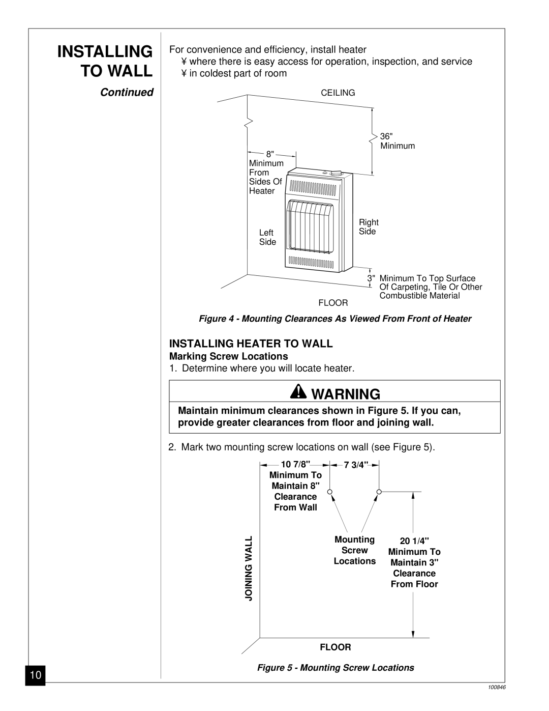 Desa CGP11A installation manual Installing Heater to Wall, Marking Screw Locations 