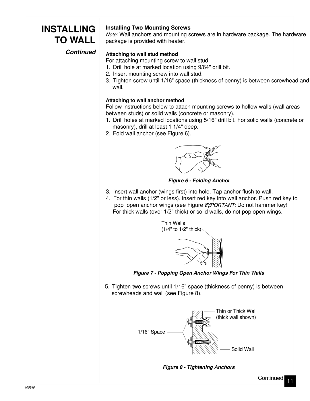 Desa CGP11A installation manual Installing Two Mounting Screws, Folding Anchor 