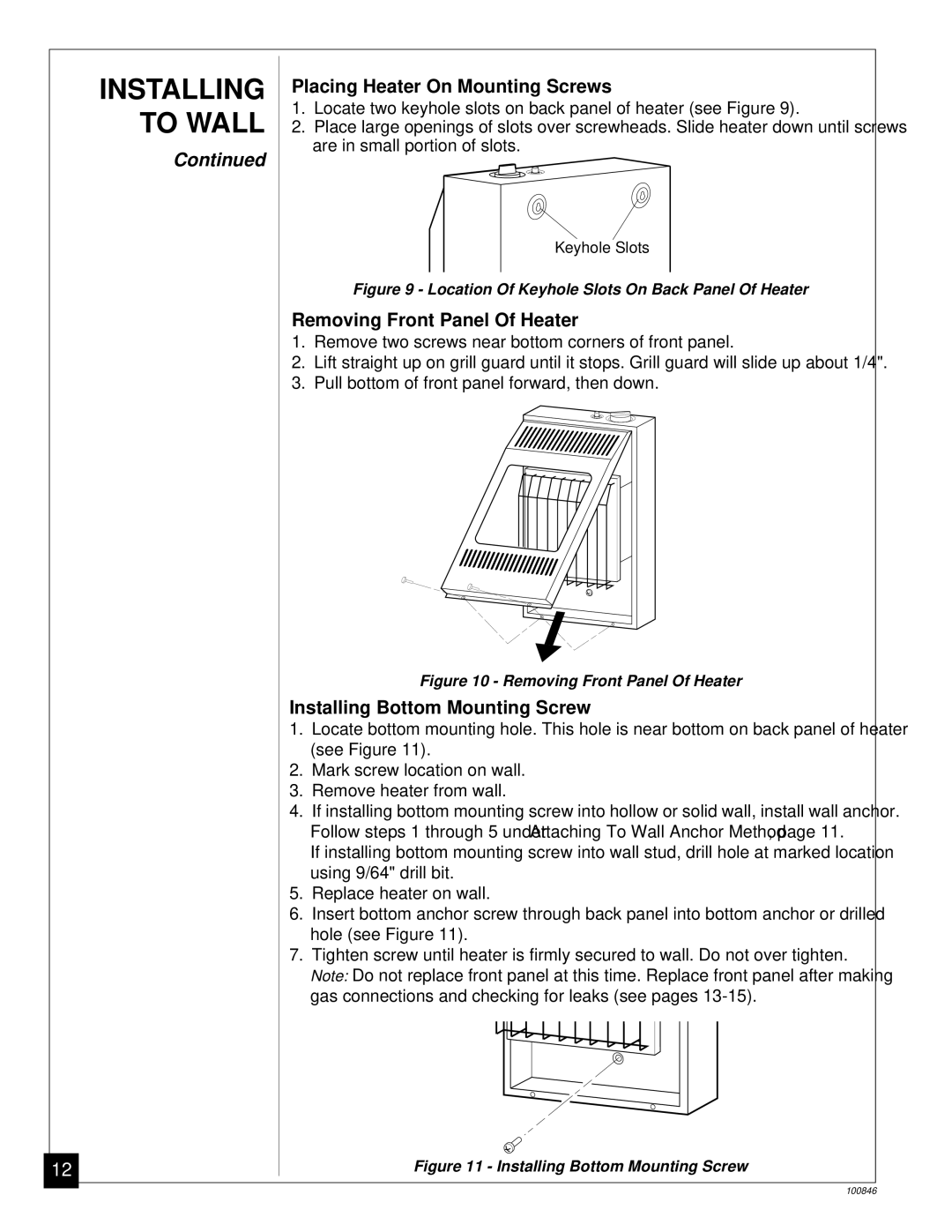 Desa CGP11A installation manual Placing Heater On Mounting Screws 