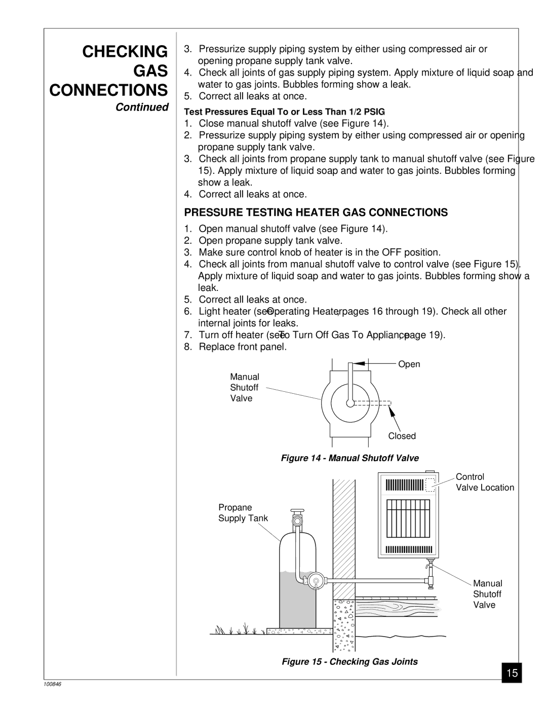 Desa CGP11A installation manual Checking, Pressure Testing Heater GAS Connections 