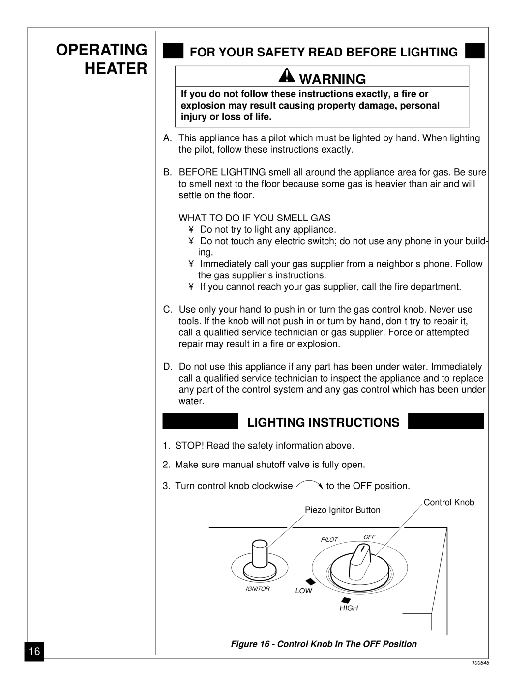 Desa CGP11A installation manual Operating Heater, For Your Safety Read Before Lighting 