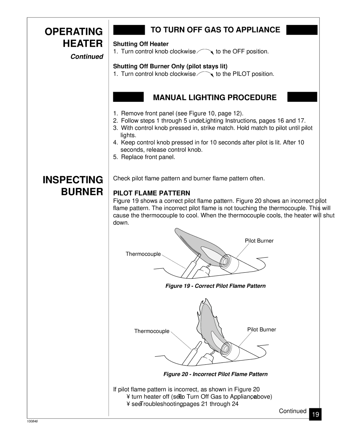 Desa CGP11A installation manual Heater, Inspecting, Burner, Pilot Flame Pattern 