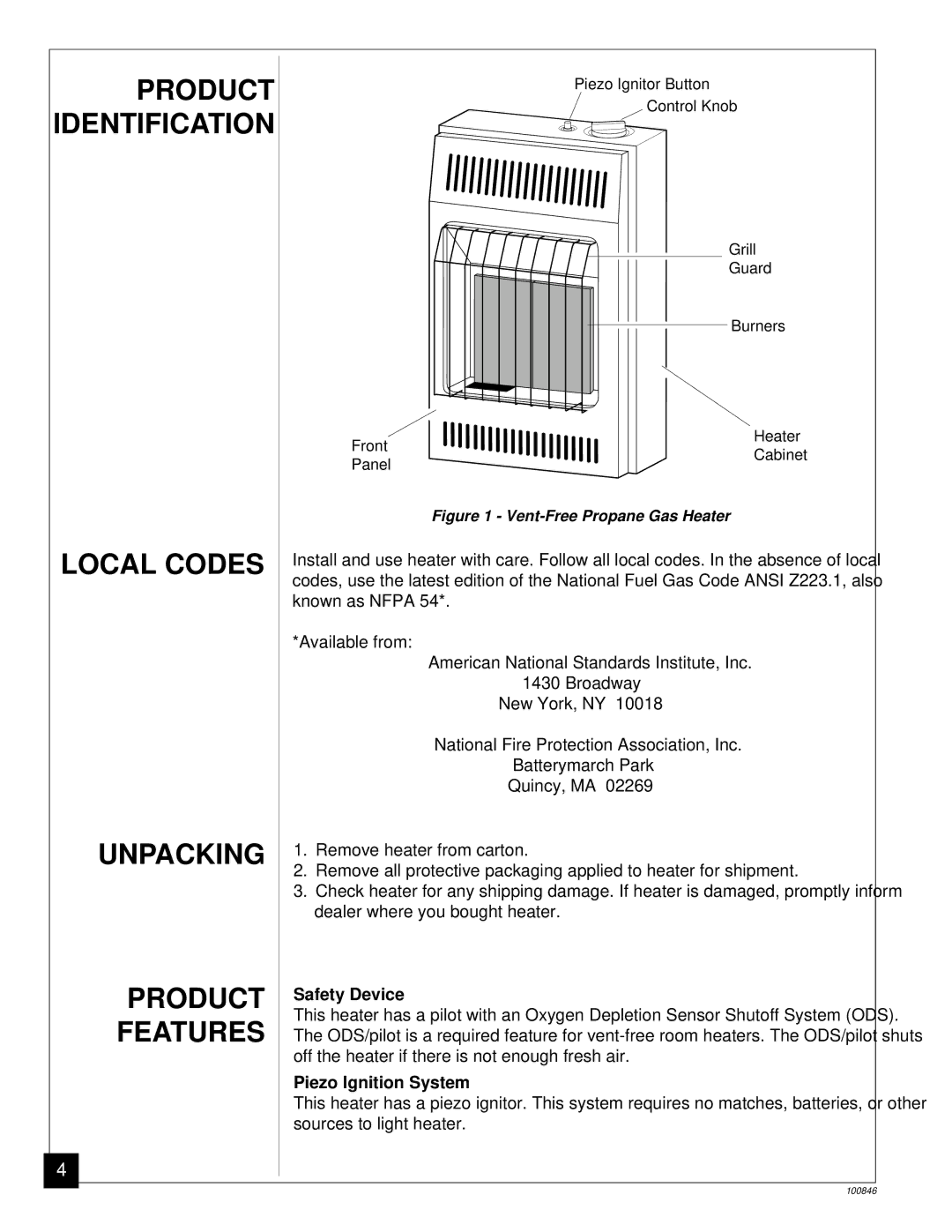 Desa CGP11A installation manual Product, Local Codes, Unpacking, Safety Device, Piezo Ignition System 