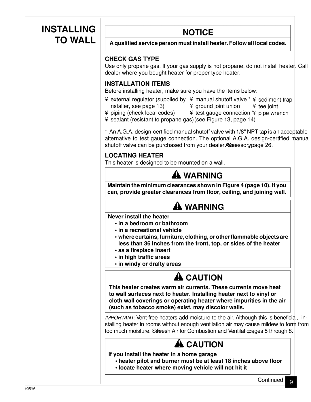 Desa CGP11A installation manual Installing To Wall, Check GAS Type, Installation Items, Locating Heater 