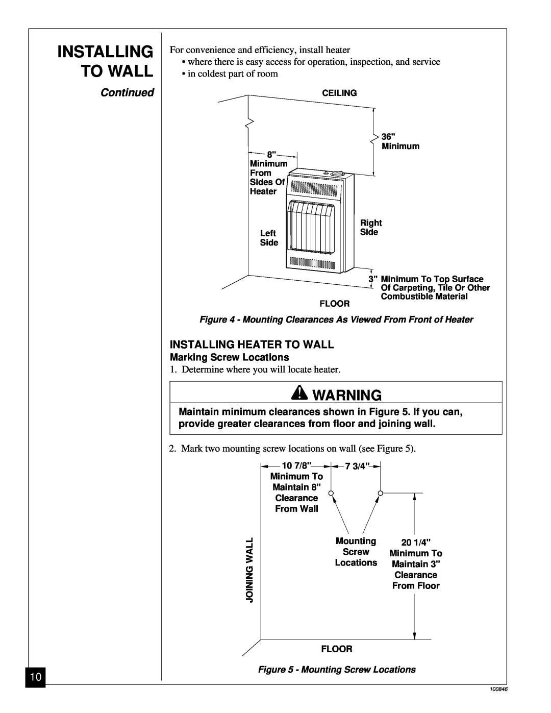 Desa CGP11A installation manual Installing To Wall, Continued, Installing Heater To Wall, Mounting Screw Locations 