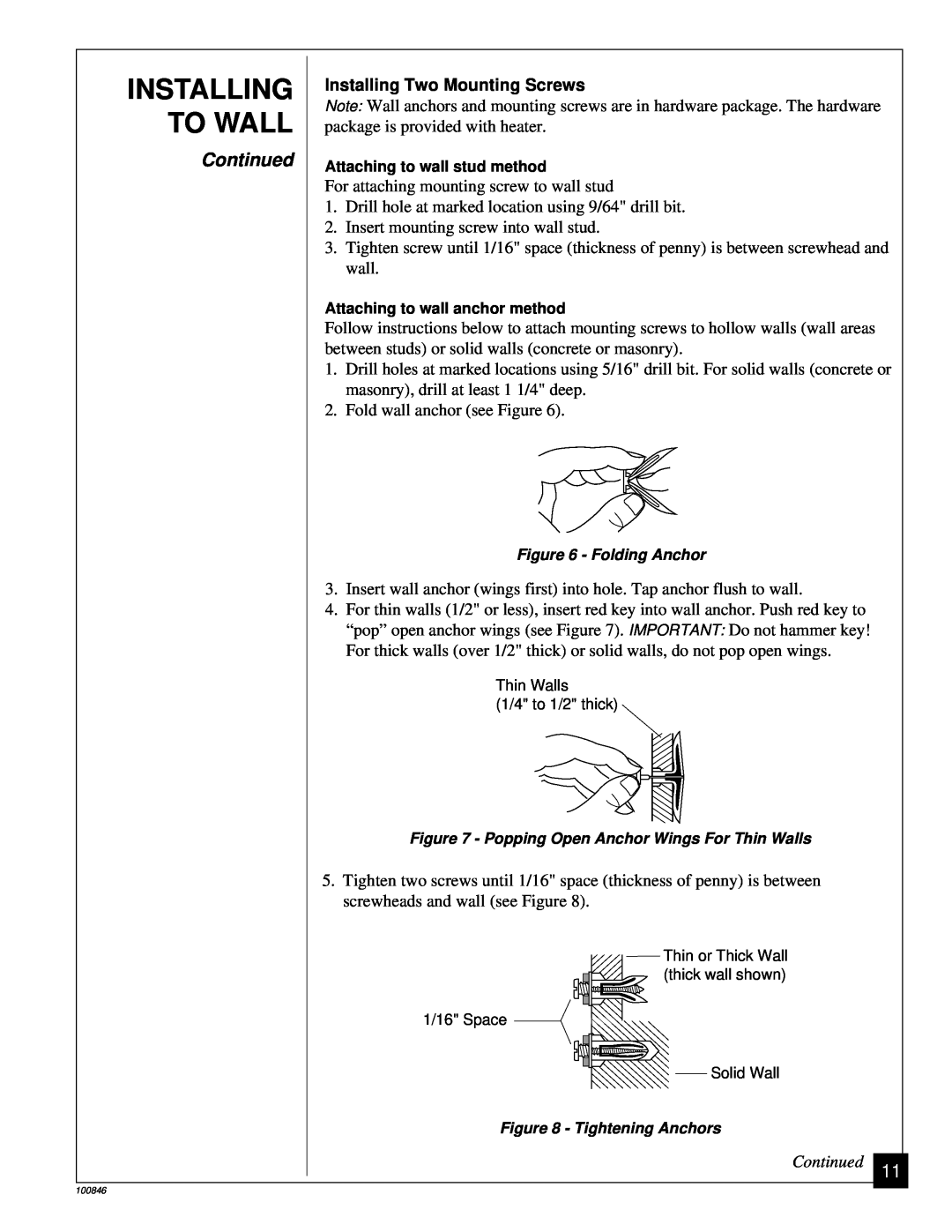 Desa CGP11A installation manual To Wall, Continued, Installing Two Mounting Screws 